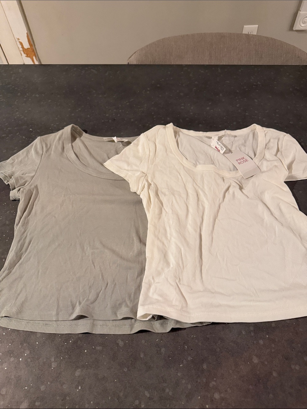 Pink Rose Ribbed Scoop Neck Tee Duo - Gray & Cream